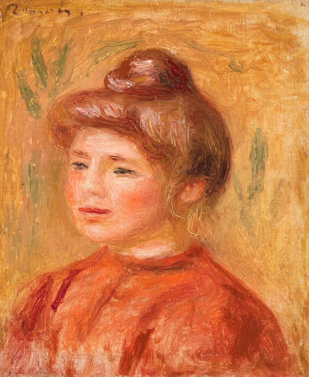 Buste af kvinde i rødt af Pierre Auguste Renoir