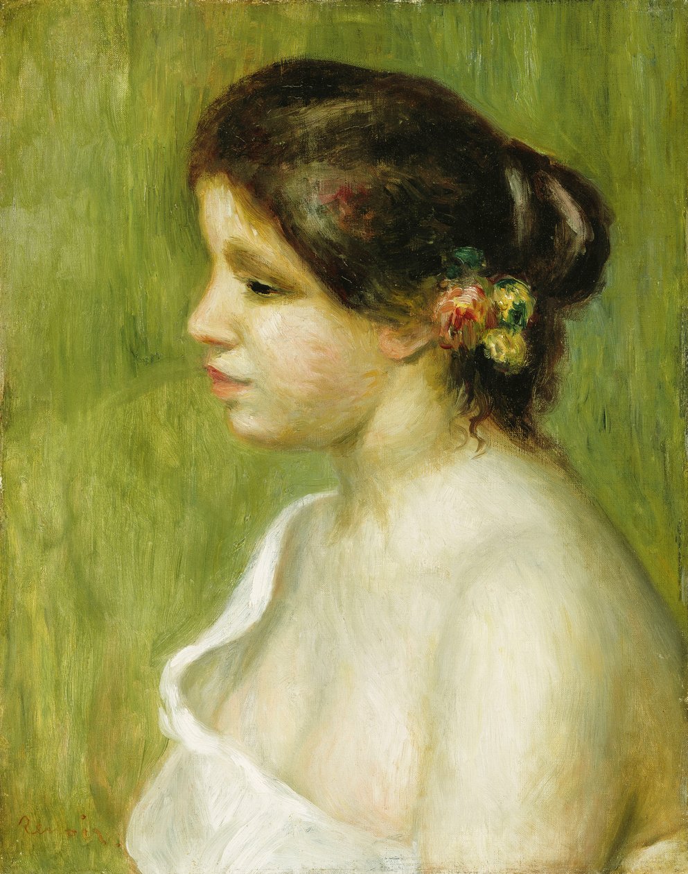 Buste af en ung pige med blomster, der dekorerer hendes øre, 1898 af Pierre Auguste Renoir