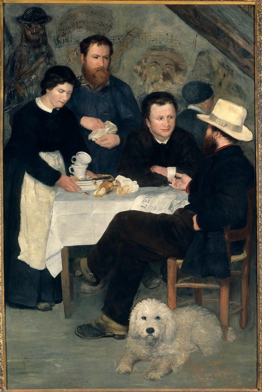 Chez la Mere Antony a Marlotte (Bourron-Marlotte (77)): Claude Monet, Alfred Sisley og Charles Le Coeur rundt om bordet med Mere Anthony, Maleri af Pierre Auguste Renoir (1841-1919) af Pierre Auguste Renoir