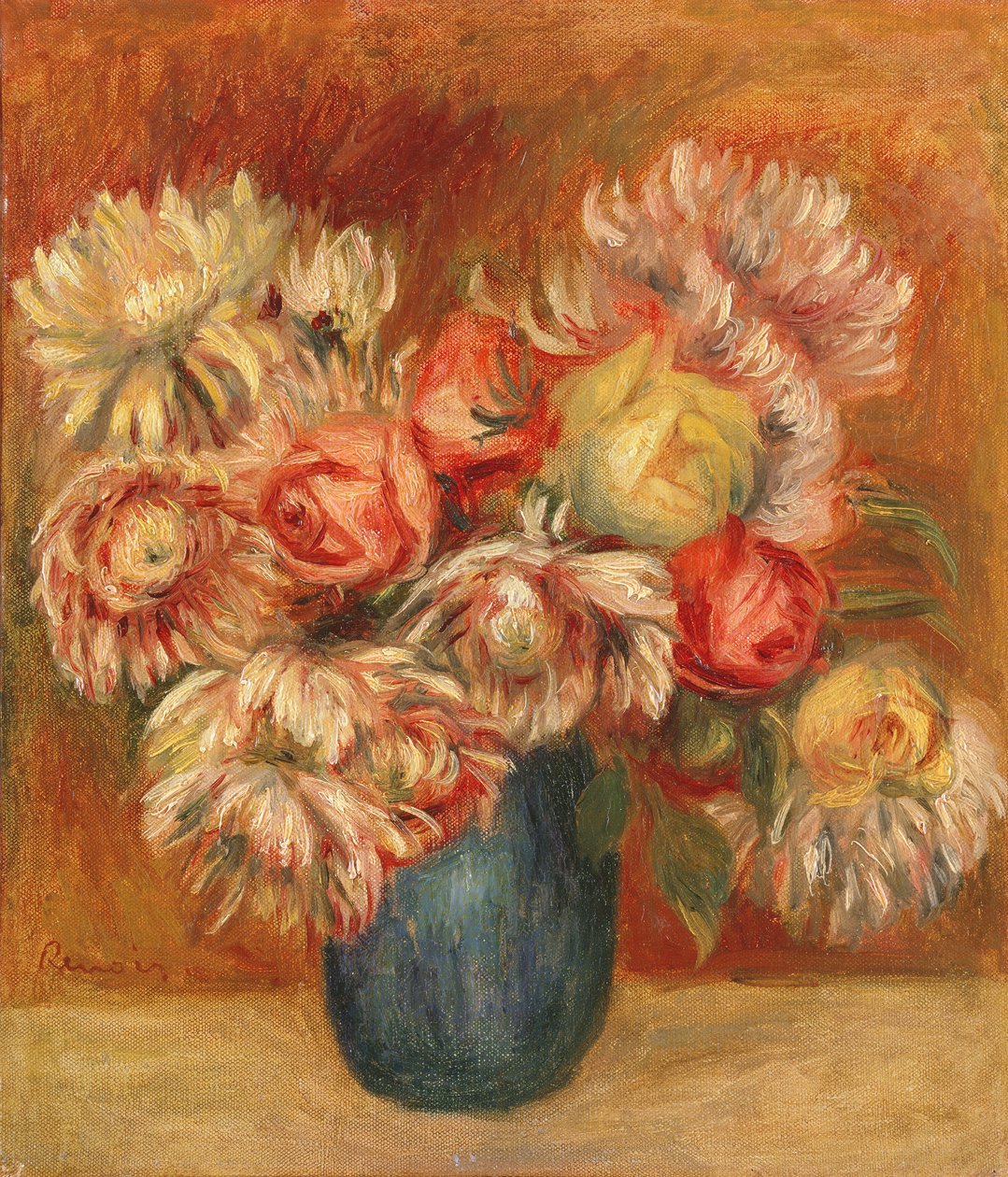 Krysantemum i en grøn vase (olie på lærred) af Pierre Auguste Renoir
