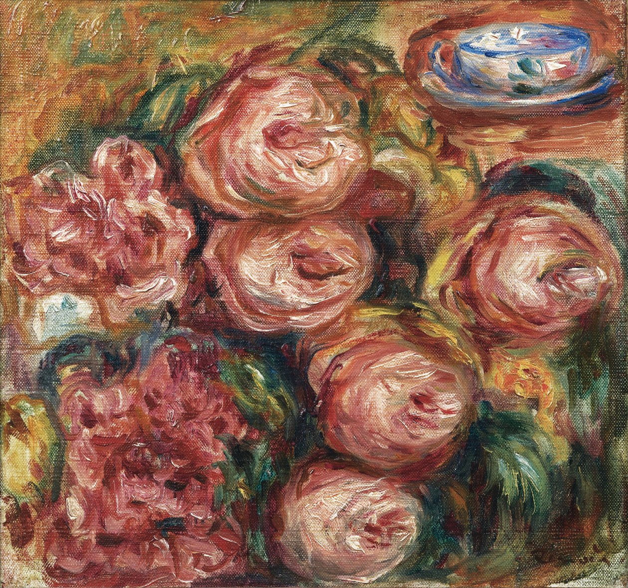 Sammensætning med roser og en kop te af Pierre Auguste Renoir