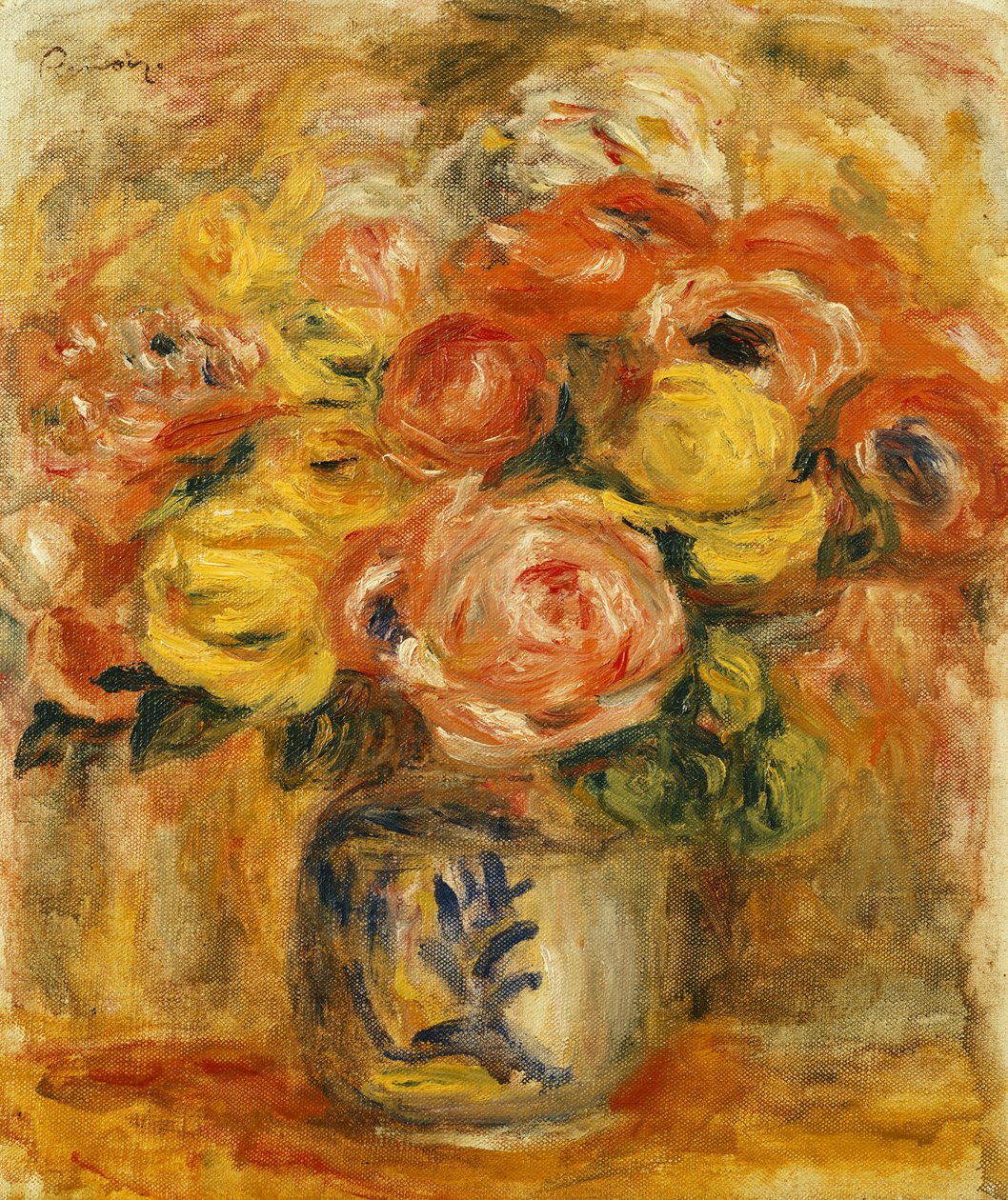 Blomster i en blå og hvid Vase; Blomster i en blå og hvid vase, 1915 af Pierre Auguste Renoir