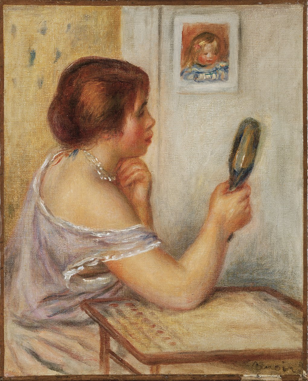 Gabrielle holder et spejl eller Marie Dupuis holder et spejl med et portræt af Coco, begyndelsen af 1900-tallet af Pierre Auguste Renoir