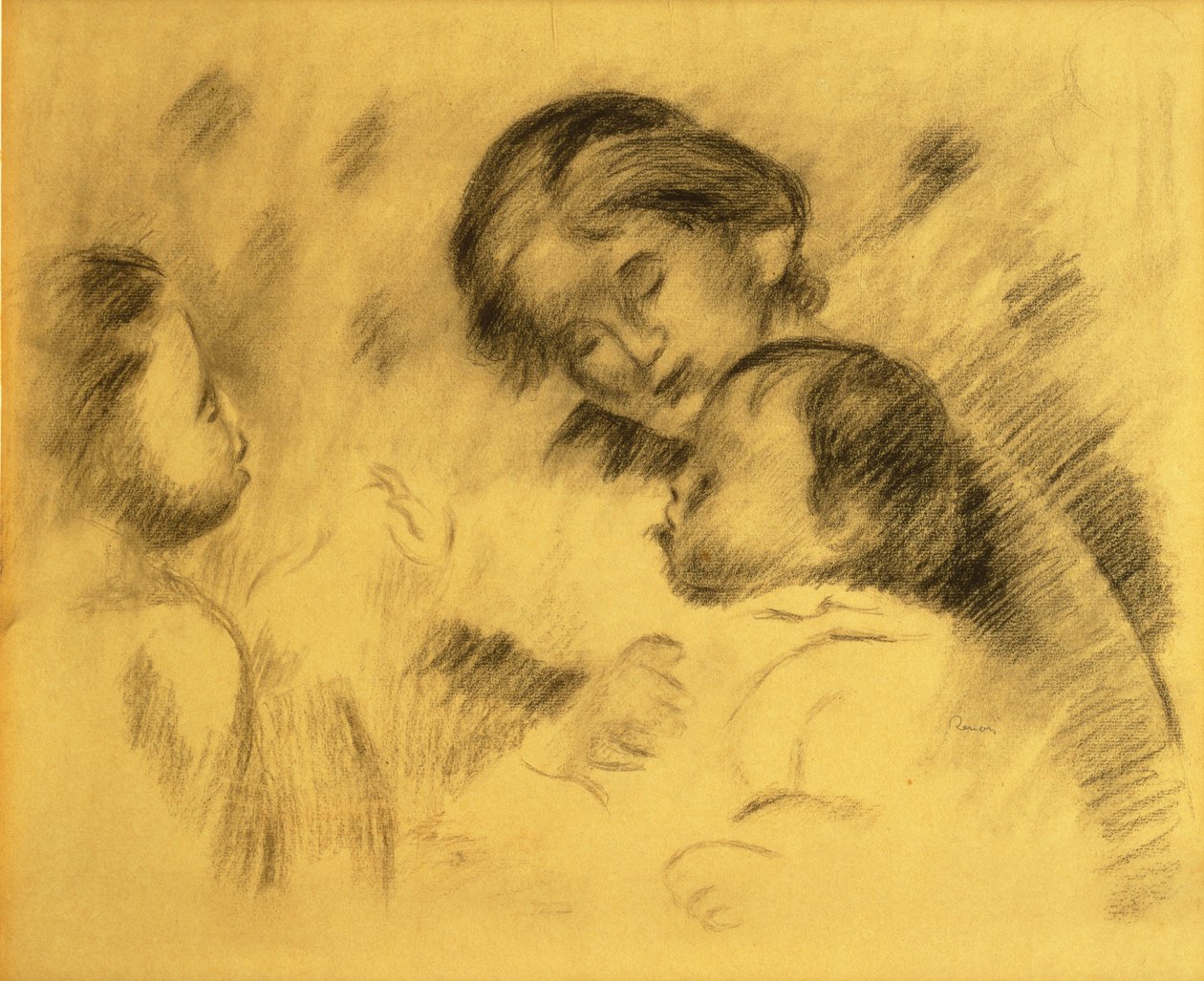 Gabrielle Renard med Jean Renoir og en lille pige, c.1895-96 (sort kridt om bord) af Pierre Auguste Renoir