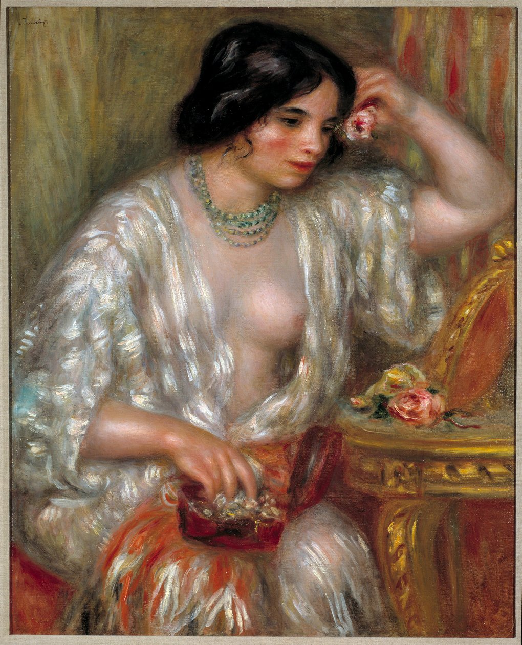 Gabrielle med smykker: Gabrielle Renard, sygeplejerske til kunstnerens søn. Maleri af Pierre Auguste Renoir (1841-1919) af Pierre Auguste Renoir