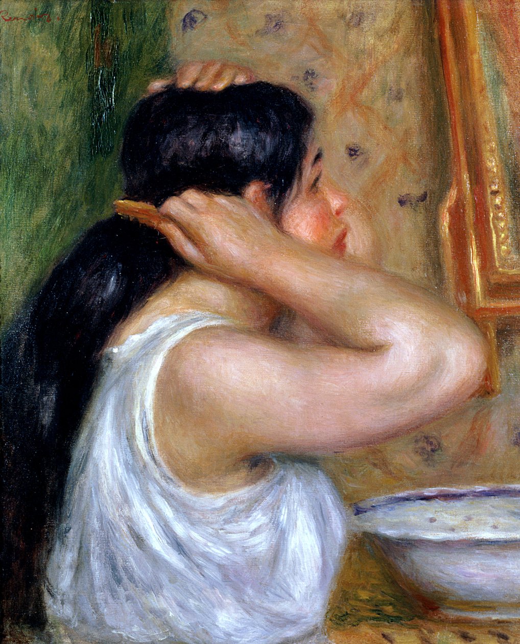 Pige kæmmer sit hår, 1907-8 af Pierre Auguste Renoir