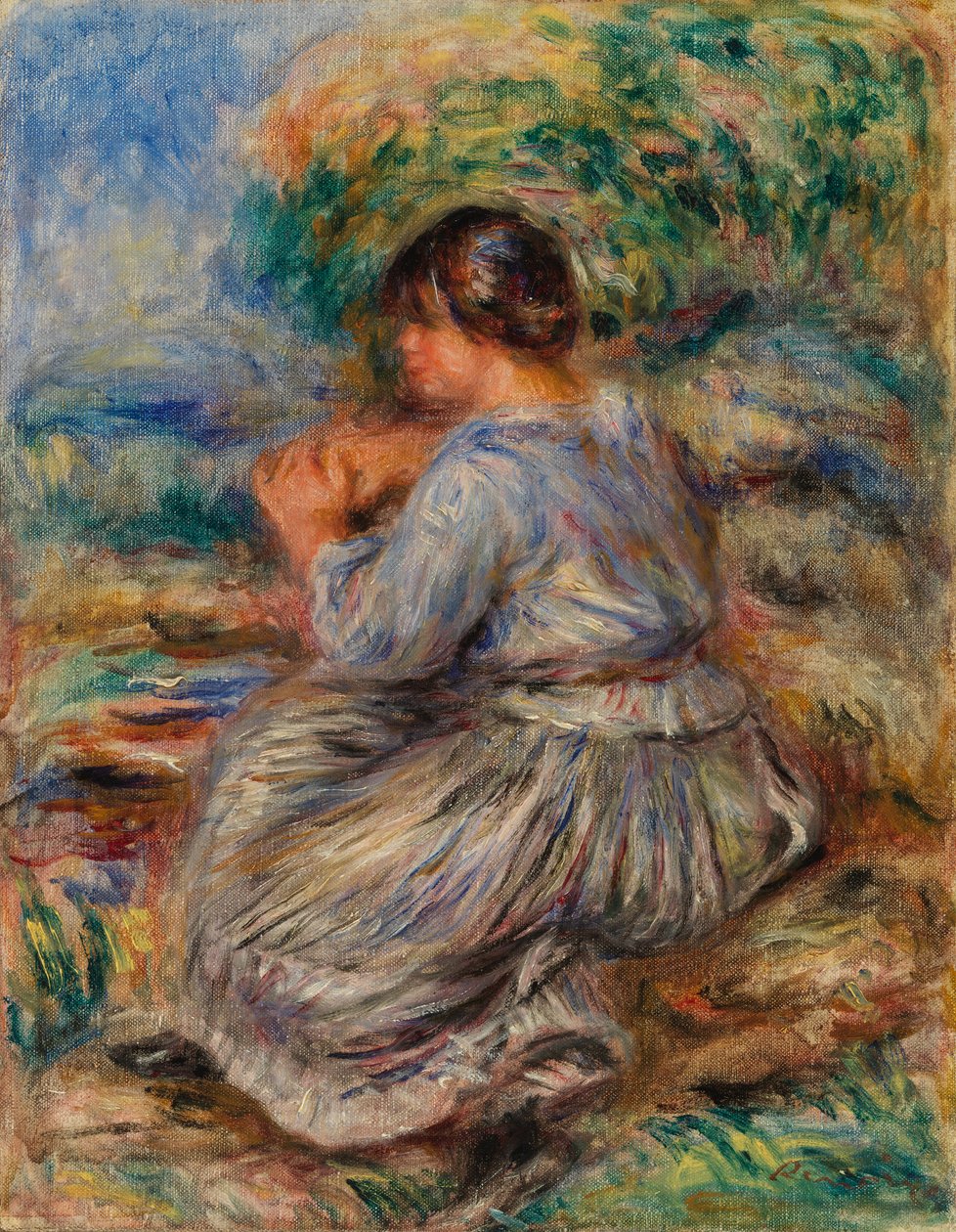 Pige siddende i et landskab af Pierre Auguste Renoir