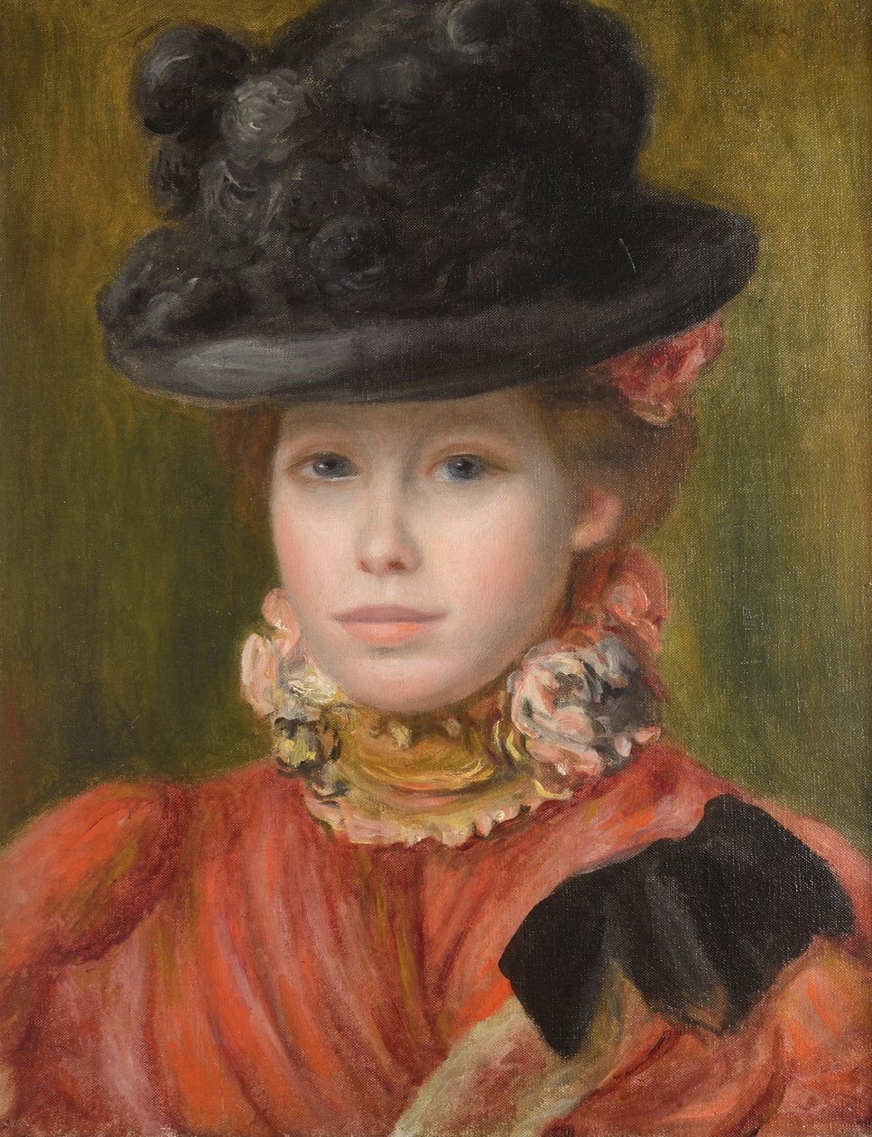 Pige i sort hat med røde blomster, ca. 1890 af Pierre Auguste Renoir