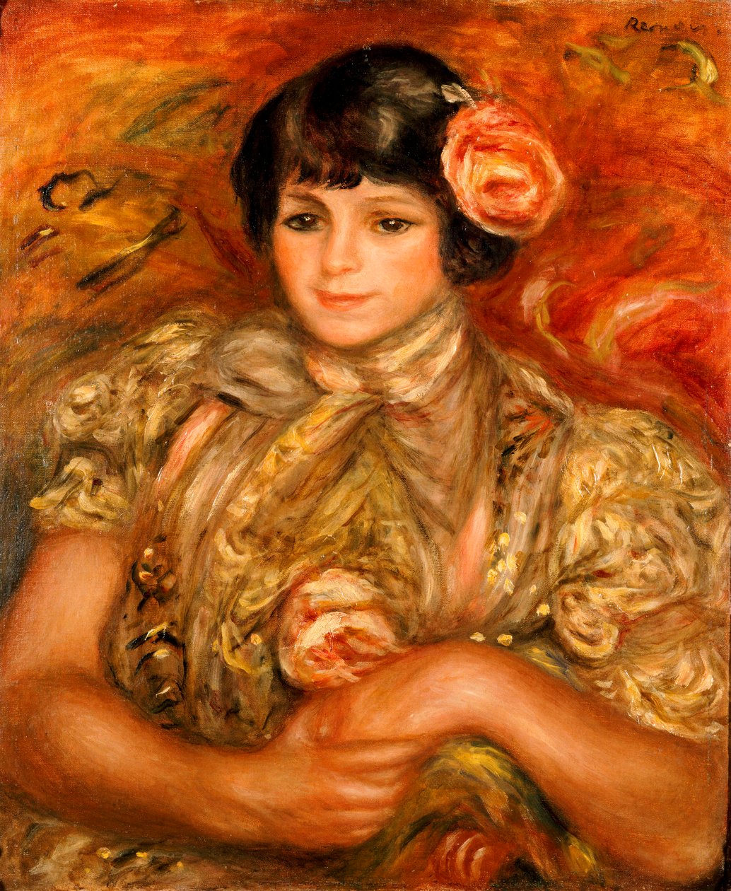 Pige med en rose (olie på lærred) af Pierre Auguste Renoir