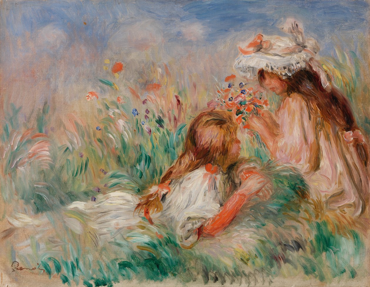 Piger i græsset arrangerer en buket af Pierre Auguste Renoir