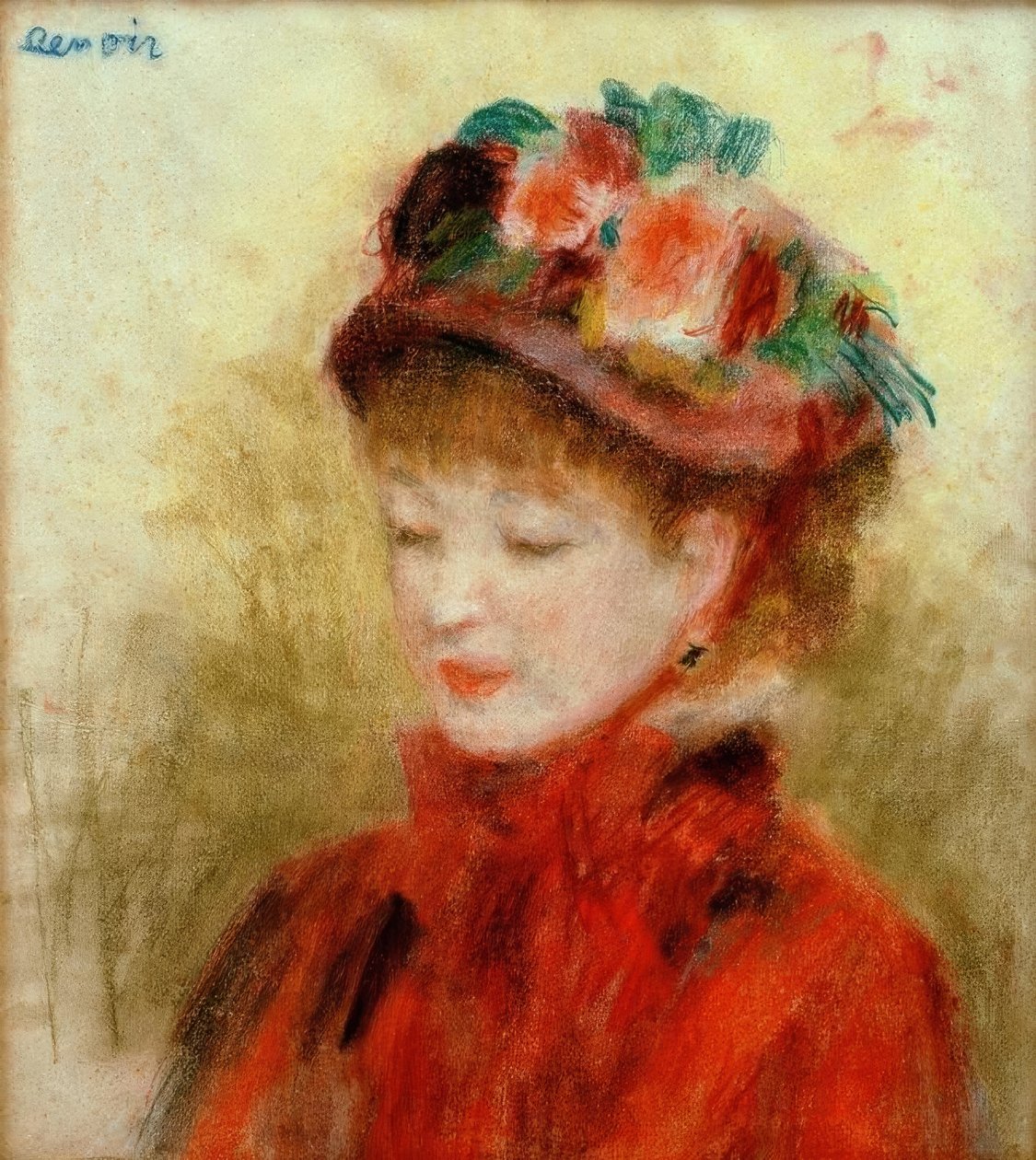 Ung kvinde i hat med blomster af Pierre Auguste Renoir