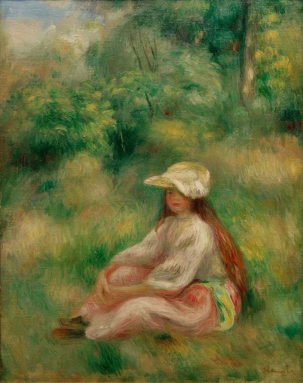 Pige i pink i et landskab af Pierre Auguste Renoir