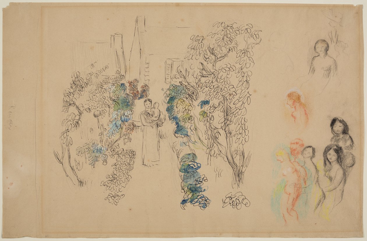 Landskab og figurer (blyant, blæk, wc og farveblyant på papir) af Pierre Auguste Renoir