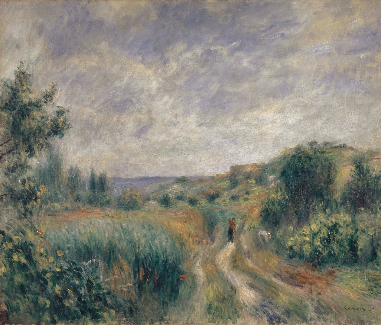 Landskab nær Essoyes Landskab med to figurer på græsset, 1892. af Pierre Auguste Renoir