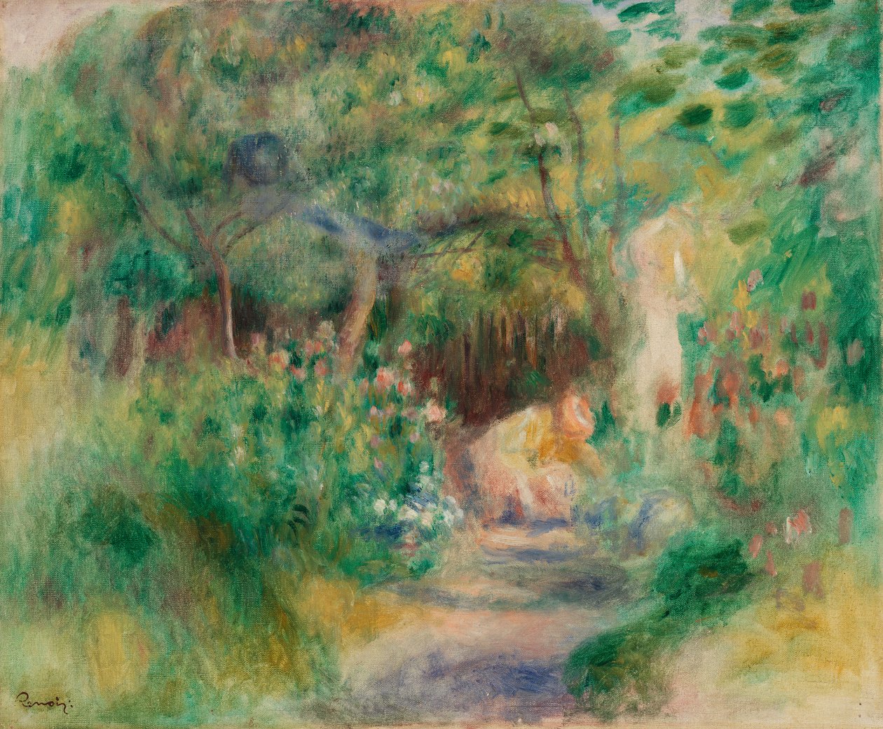 Landskab med kvinde havearbejde af Pierre Auguste Renoir