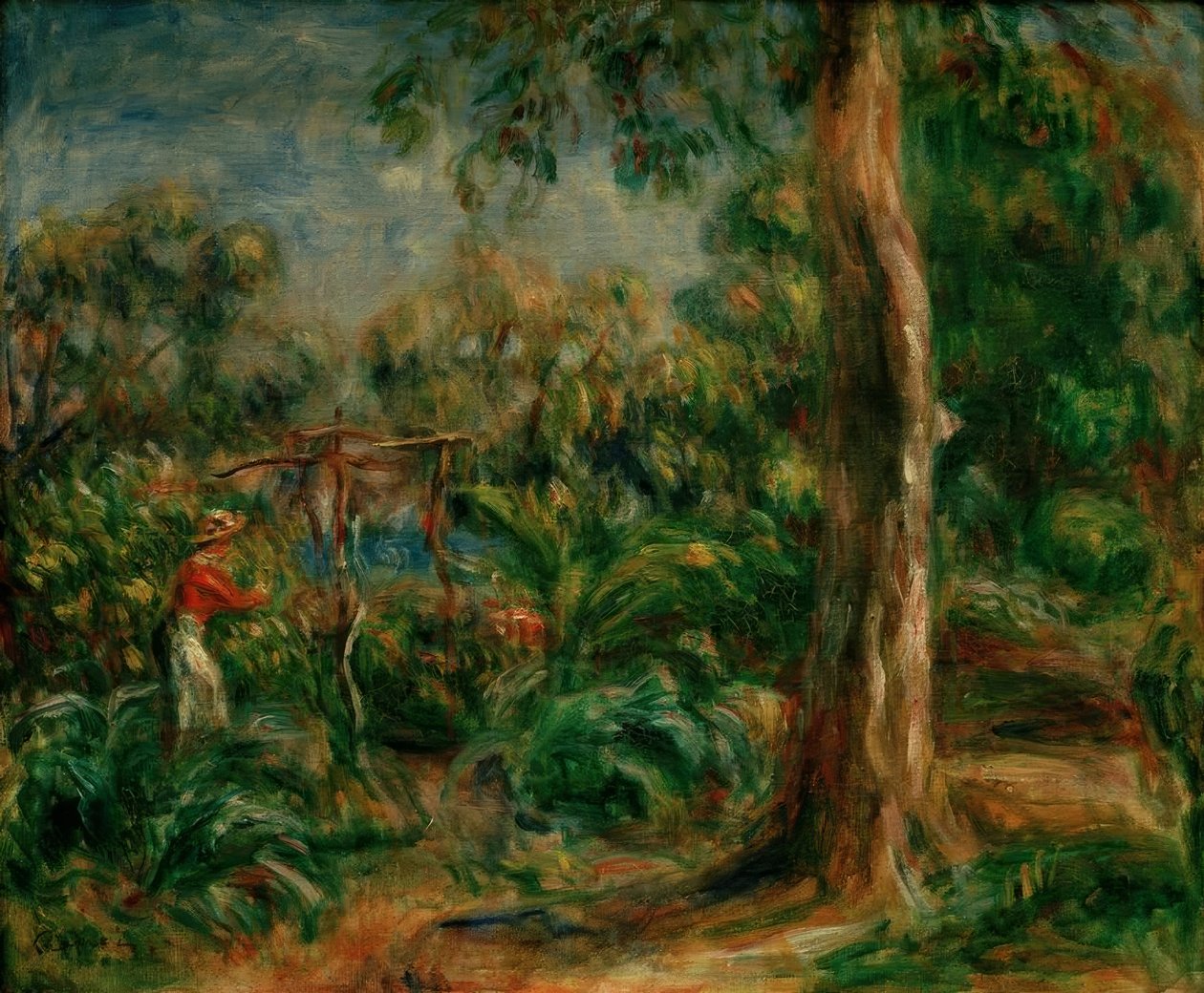 Det store træ. Kvinde med rød bodice i haven i Ca af Pierre Auguste Renoir