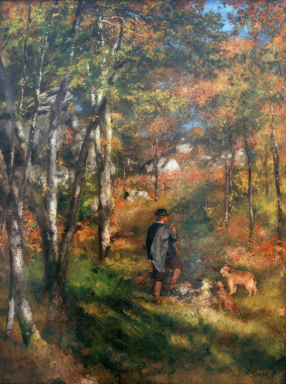 Maleren Jules Le Coeur og hans hunde i skoven Fo af Pierre Auguste Renoir