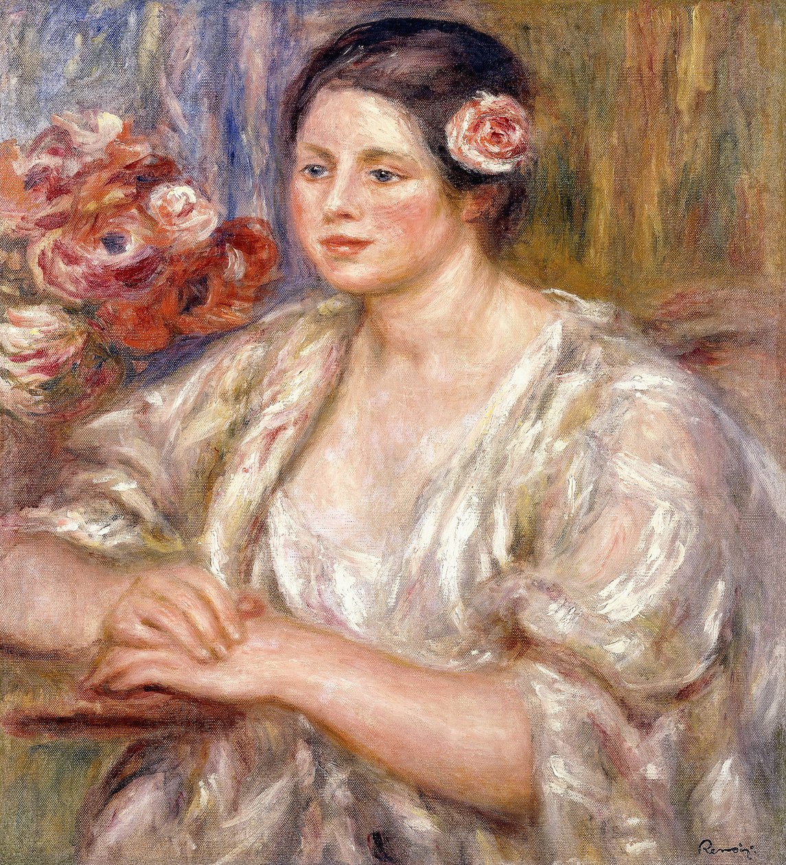 Madeleine i en hvid bluse og buket blomster, ca. 1915-1919 af Pierre Auguste Renoir