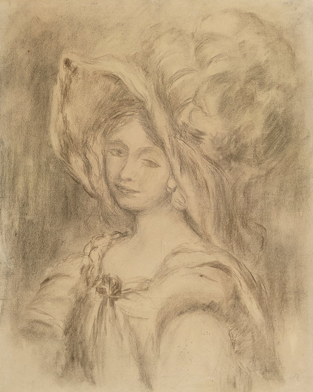 Mme Dieterle i en hat, ca. 1896 (kul på papir) af Pierre Auguste Renoir