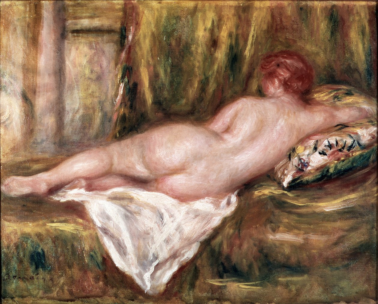 Nøgt lag set fra ryggen eller hvile efter bad (olie på lærred af Pierre Auguste Renoir