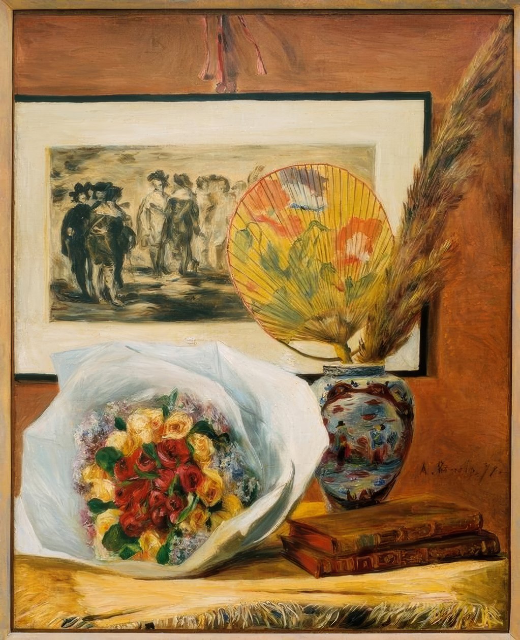 Stilleben med en buket og en vifte af Pierre Auguste Renoir