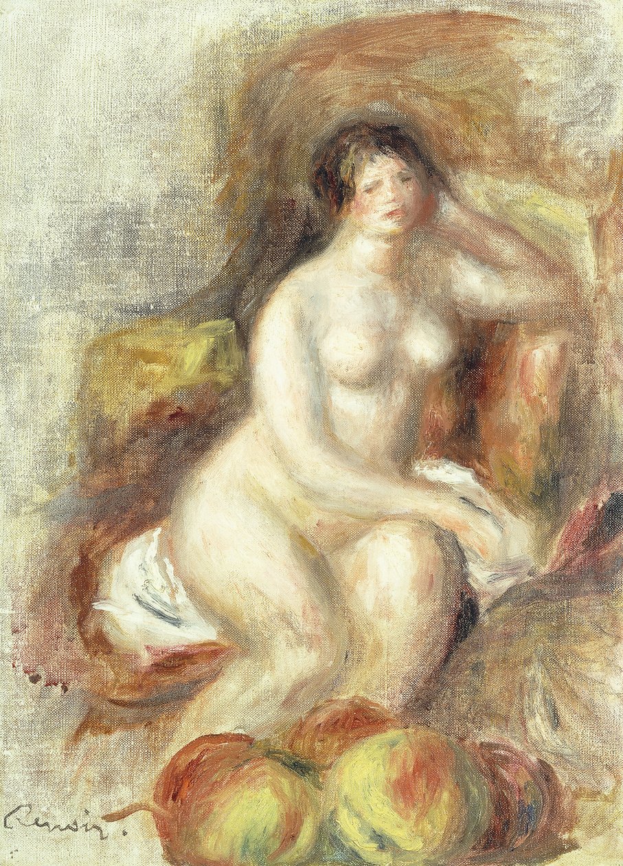 Nøgen kvinde sidder med æbler; Siddende nøgen kvinde og æbler, ca. 1908 af Pierre Auguste Renoir