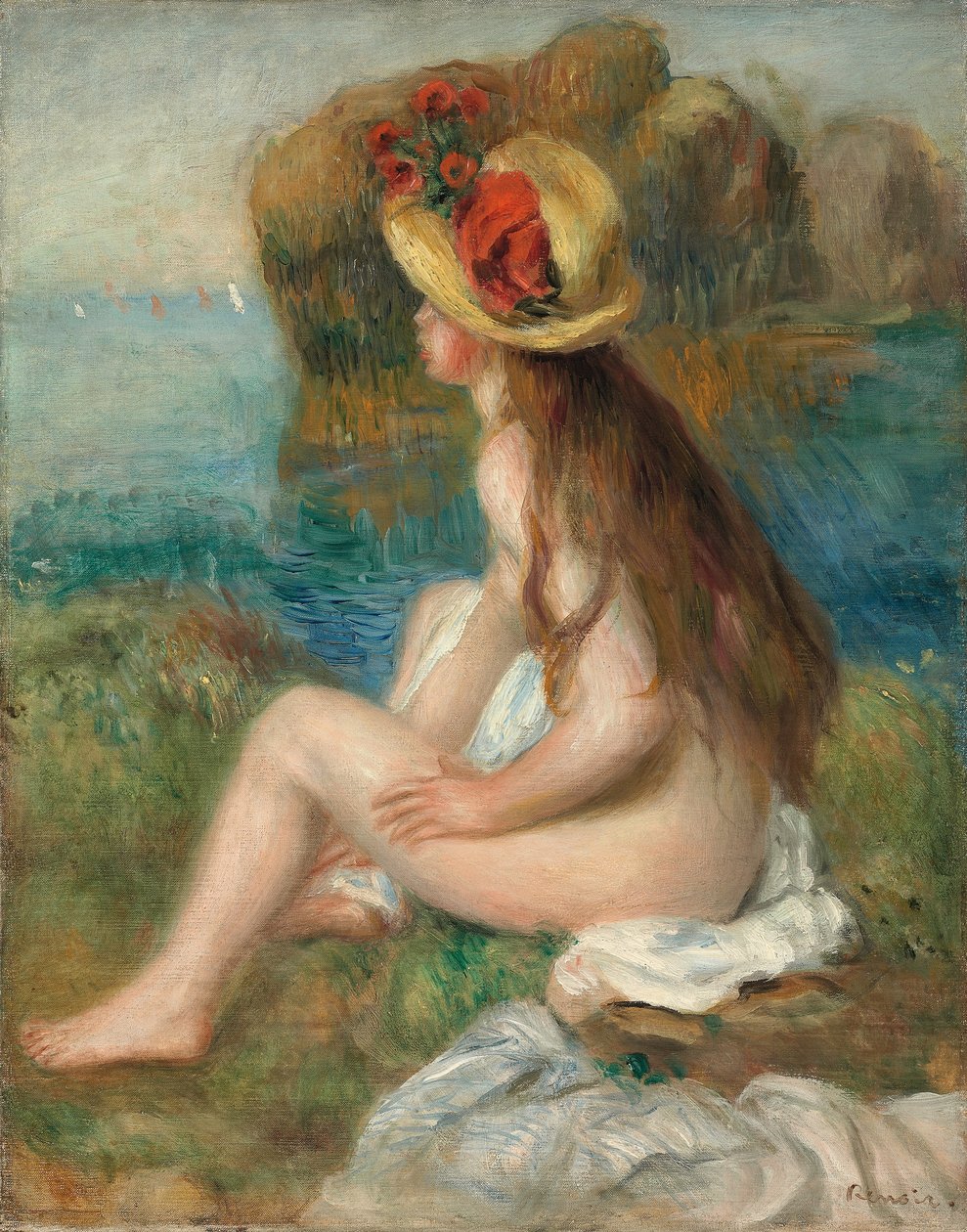 Nøgen med stråhat ved siden af havet, 1892 af Pierre Auguste Renoir