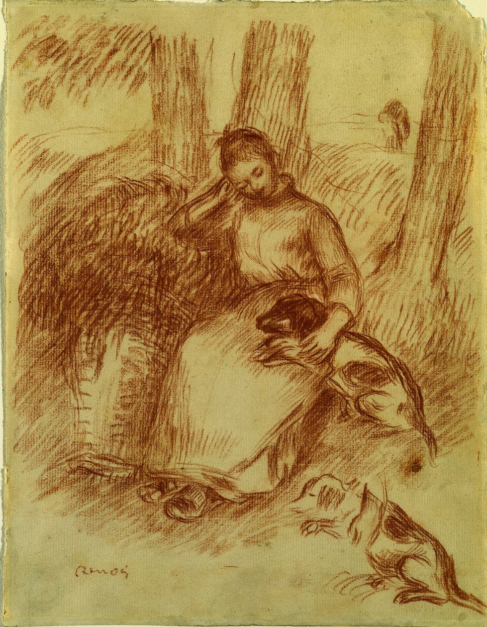 Bondepige med hund af Pierre Auguste Renoir