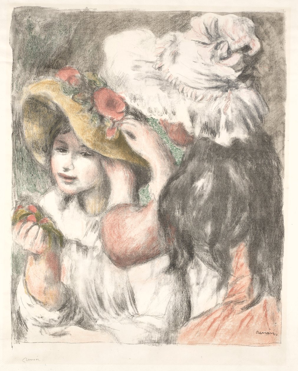 Pinning the Hat, ca. 1898. af Pierre Auguste Renoir