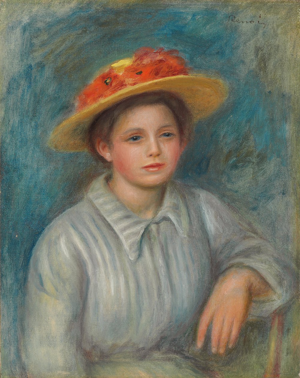 Portræt af en kvinde med en hat med blomster; Portræt af en kvinde i en blomstret hat, ca. 1890 af Pierre Auguste Renoir