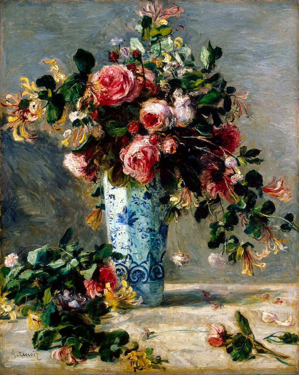 Roser og Jasmin i en Delft Vase, 1880-1881. af Pierre Auguste Renoir