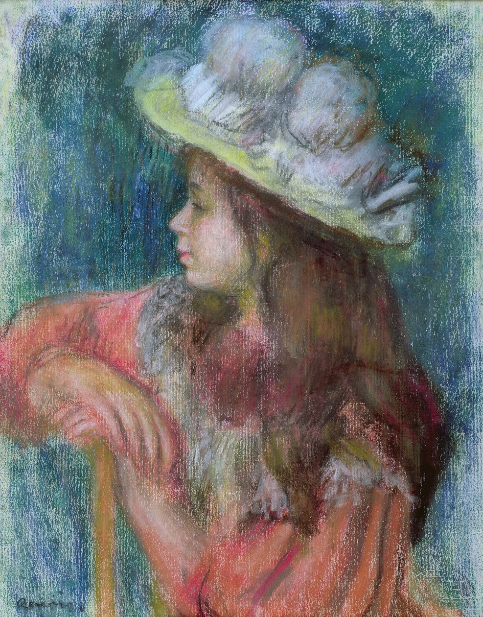 Siddende ung pige i en hvid hat, 1884 (pastel på papir) af Pierre Auguste Renoir
