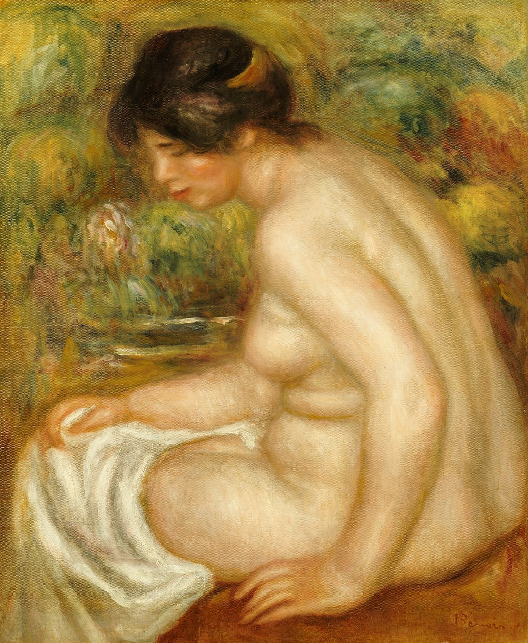 Sidebillede af en siddende badende af Pierre Auguste Renoir