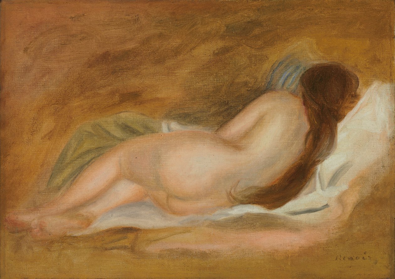 Sovende nøgen, set bagfra, okker baggrund; Nøgen sofa, set bagfra, på en okker baggrund, ca. 1885 af Pierre Auguste Renoir