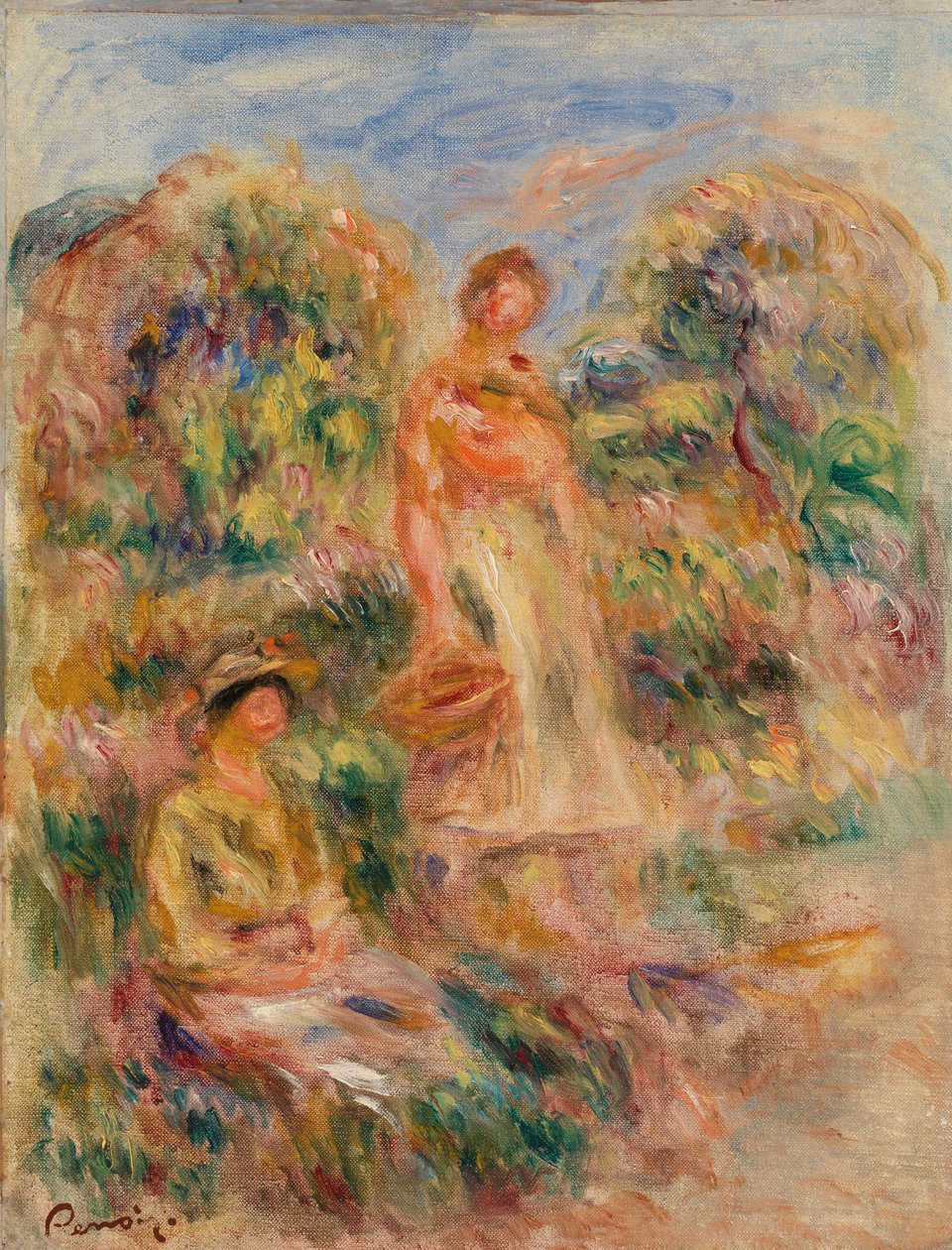 Stående kvinde og siddende kvinde i et landskab af Pierre Auguste Renoir