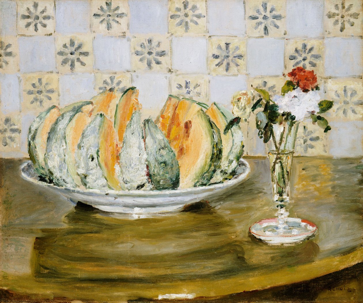 Stilleben af en melon og en vase med blomster, ca. 1872 af Pierre Auguste Renoir