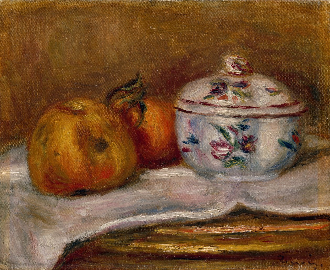 Sukkerskål, æble og appelsin (olie på lærred) af Pierre Auguste Renoir