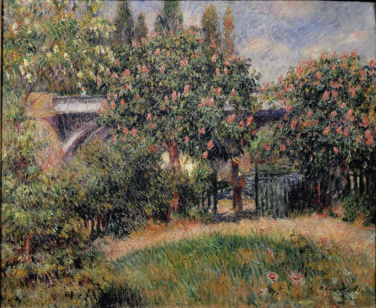 Jernbanebroen i Chatou eller de lyserøde kastanjetræer - 1881. Olie på lærred af Pierre Auguste Renoir