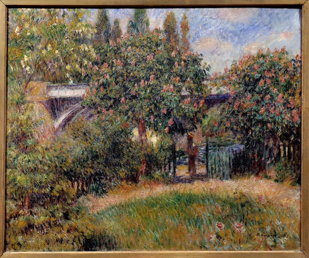 Jernbanebroen i Chatou eller de lyserøde kastanjetræer. Maleri af Pierre Auguste Renoir (1841-1919) af Pierre Auguste Renoir