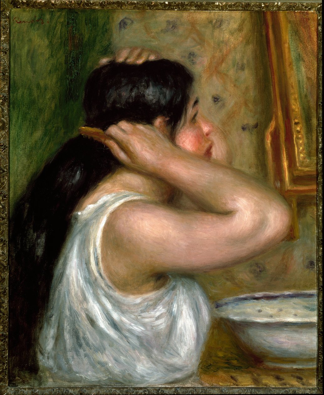 Toilettet: kvinde maler sig selv (olie på lærred af Pierre Auguste Renoir