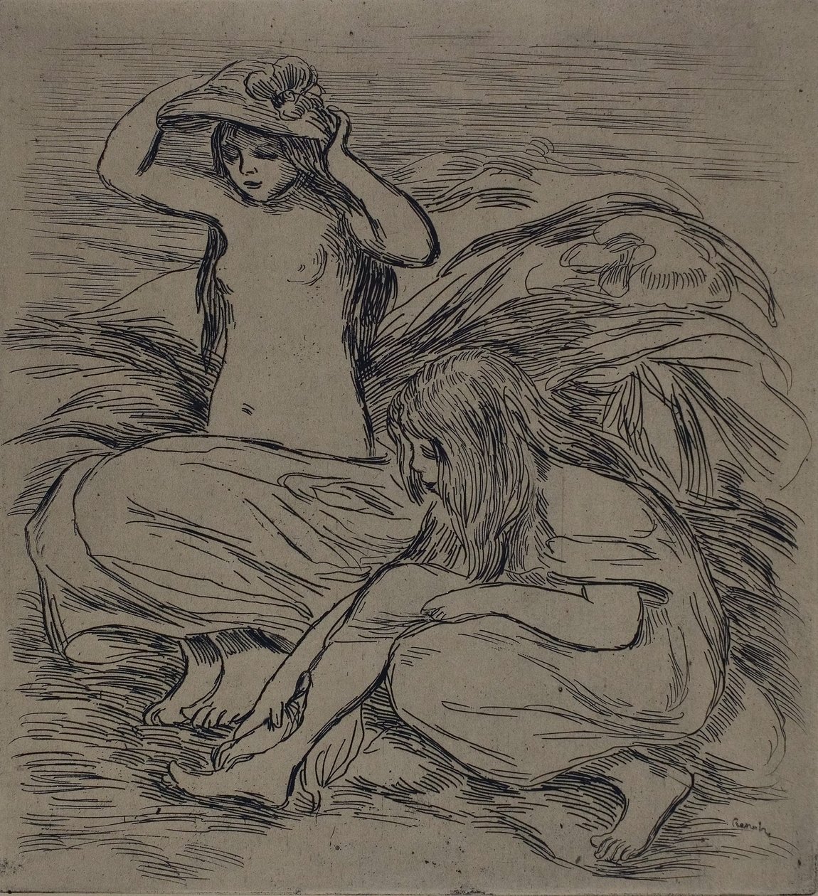 Two Women Bathing, ca. 1895 (radering på brunligt vævet papir) af Pierre Auguste Renoir