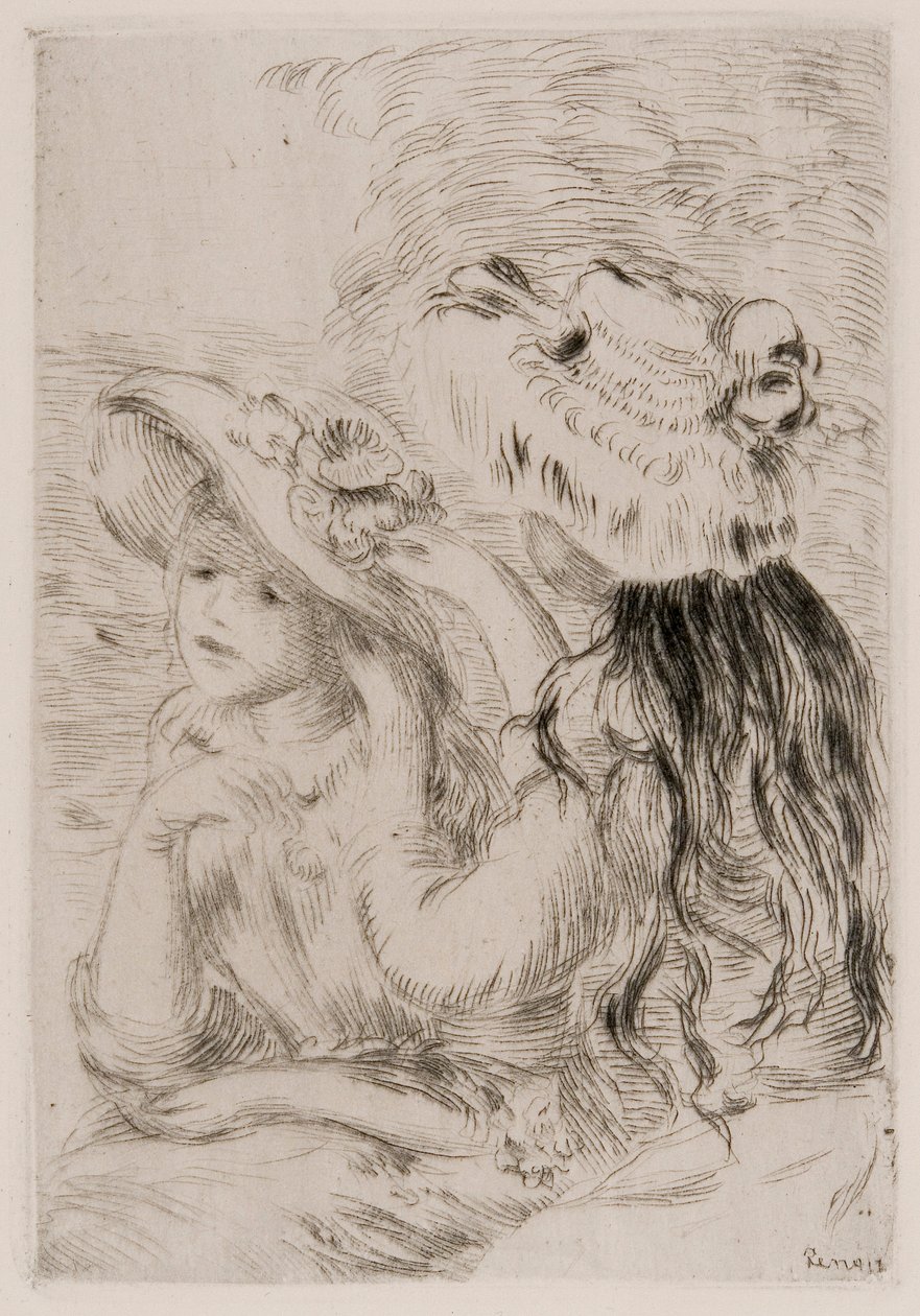 To unge piger sætter blomster på deres hatte, c1897. af Pierre Auguste Renoir