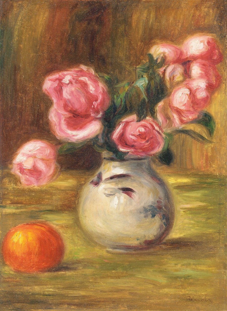 Vase med roser og en appelsin, 1910 af Pierre Auguste Renoir