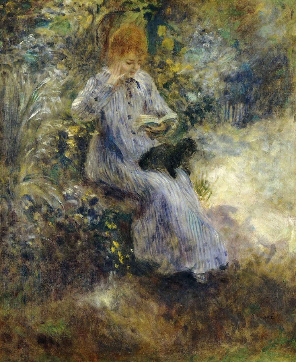 kvinde og sort hund; Femme au Chien Noir, 1874 af Pierre Auguste Renoir