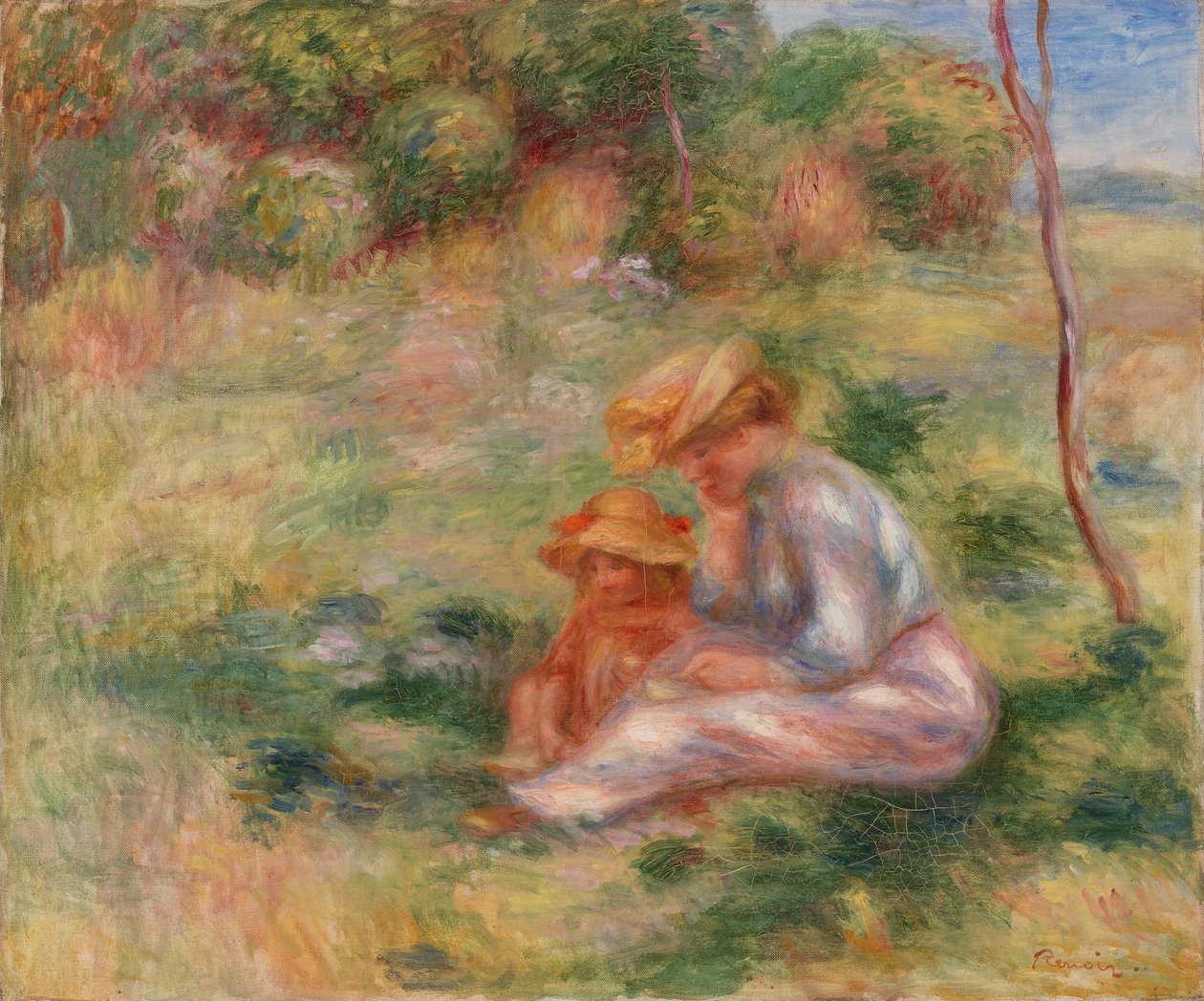 Kvinde og barn i græsset af Pierre Auguste Renoir