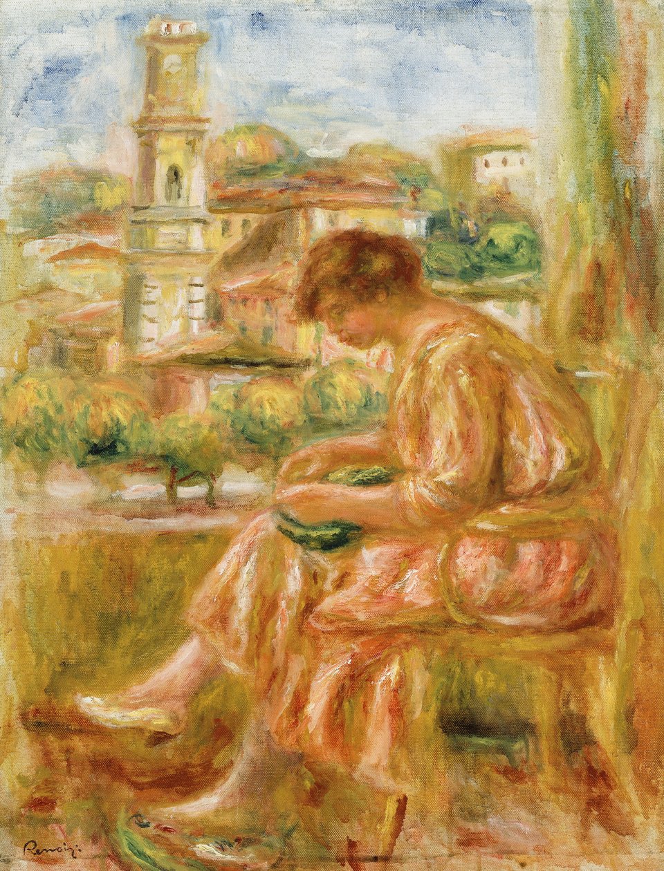 Kvinde ved vinduet med udsigt over Old Nice, 1918 af Pierre Auguste Renoir