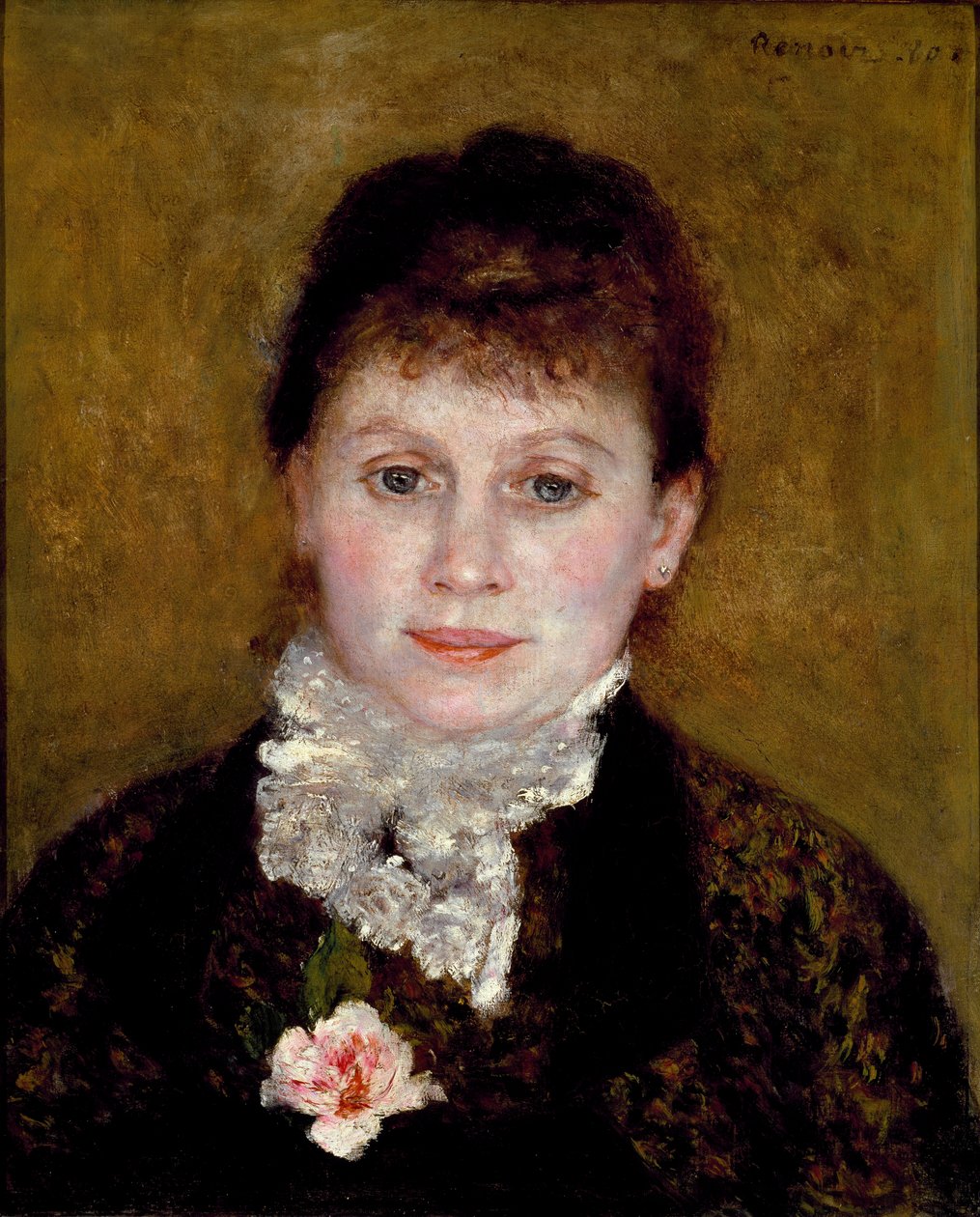 Kvinde har en hvid krave. Portræt af en kvinde med en rose af Pierre Auguste Renoir