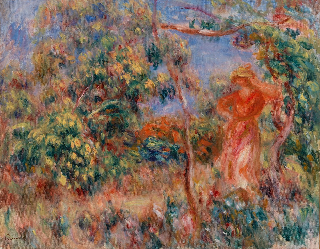 Kvinde i rødt i et landskab af Pierre Auguste Renoir