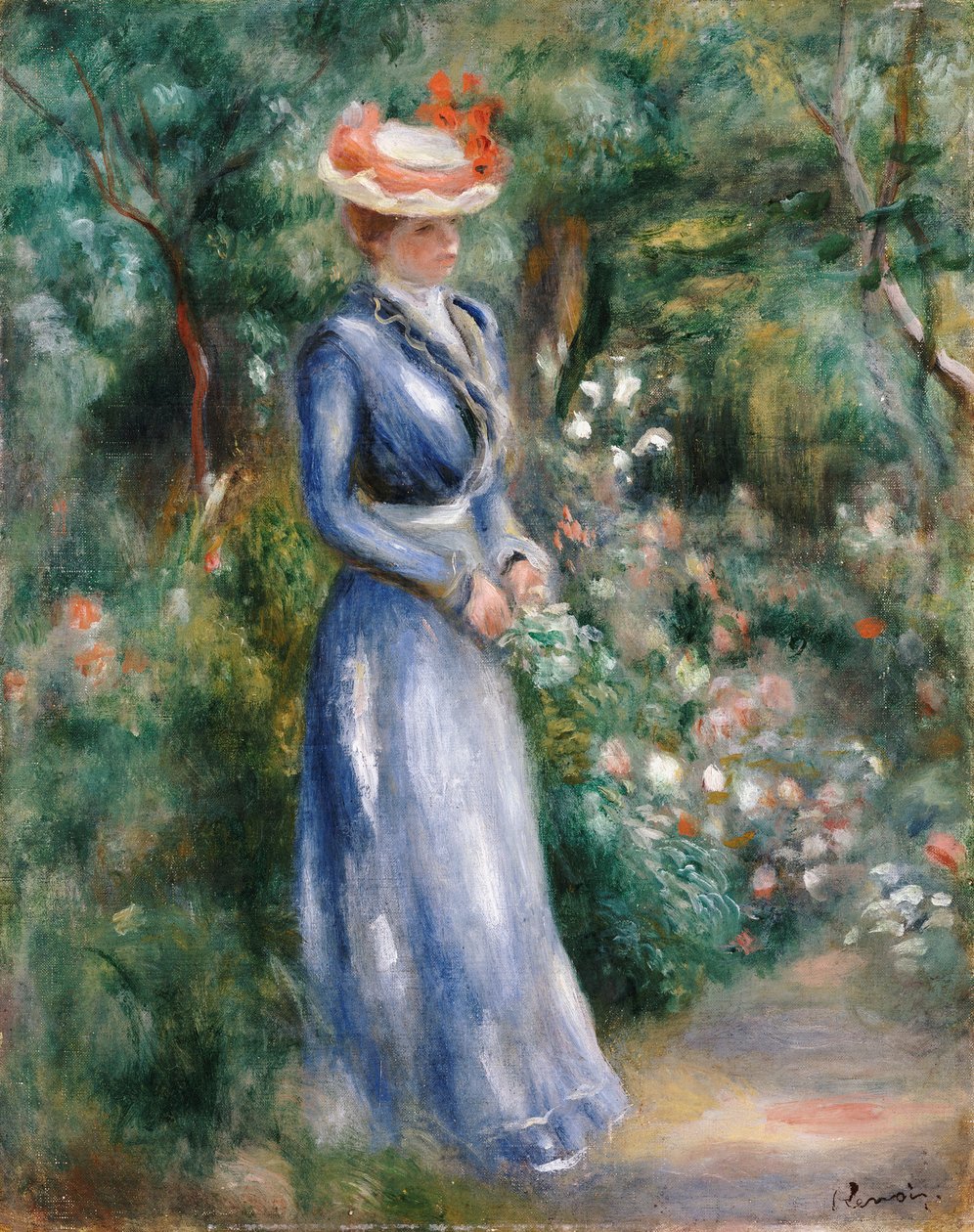 Kvinde i en blå kjole står i haven ved Saint-Cloud af Pierre Auguste Renoir