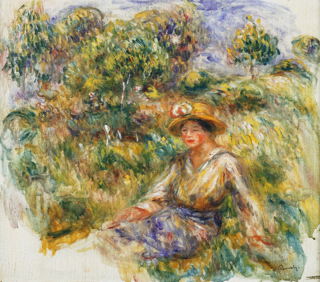 Kvinde i en blå hat sidder på græsset; Kvinde i blåt i hat sidder på græsset, ca. 1916 af Pierre Auguste Renoir